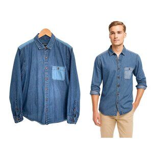 Express Shirt Men Large Chambray Blue Button Up Long Sleeve Two Tone Cotton